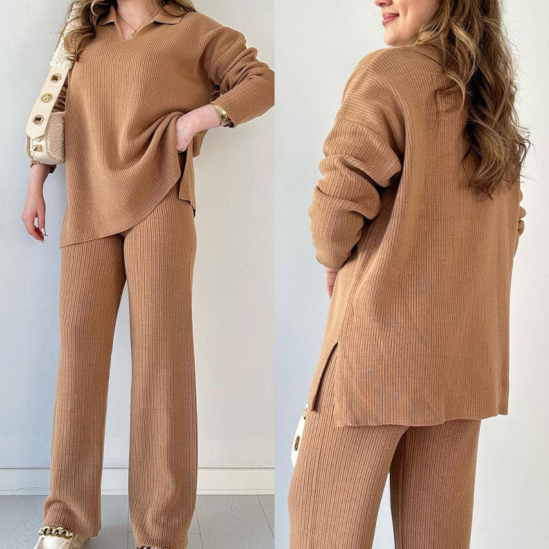 🎁50% de réduction✨Costume en tricot extensible confortable à col en V pour femme (haut + pantalon)