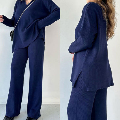 🎁50% de réduction✨Costume en tricot extensible confortable à col en V pour femme (haut + pantalon)