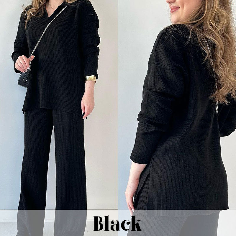 🎁50% de réduction✨Costume en tricot extensible confortable à col en V pour femme (haut + pantalon)